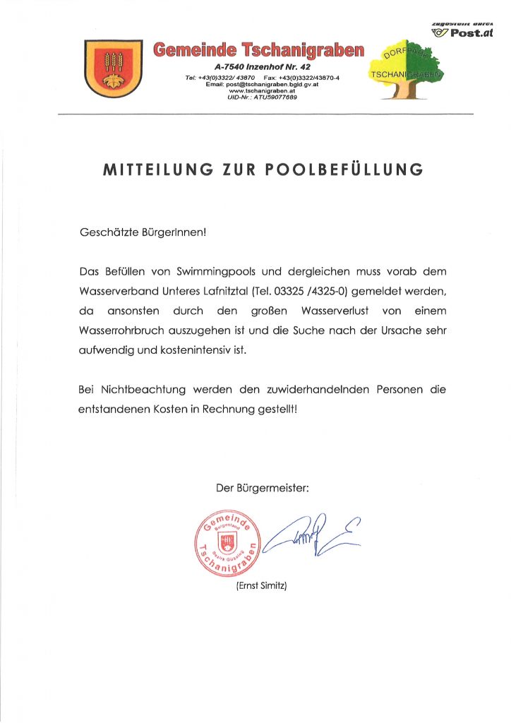 Mehr über den Artikel erfahren Mitteilung zur Poolbefüllung