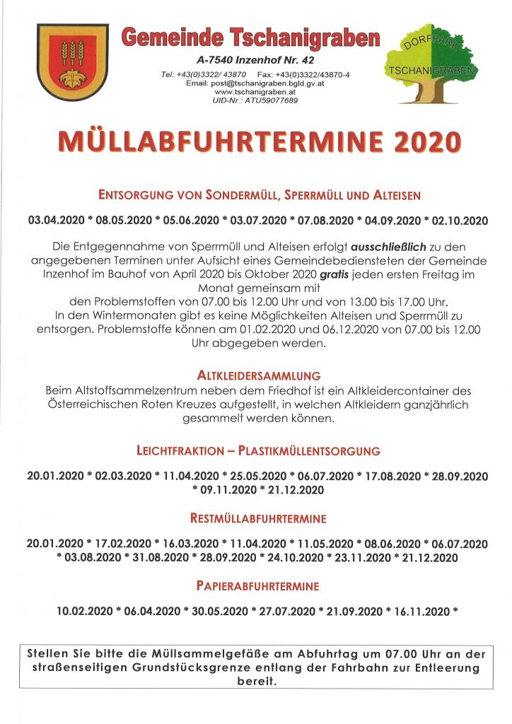 Mehr über den Artikel erfahren Müllabfuhrtermine 2020