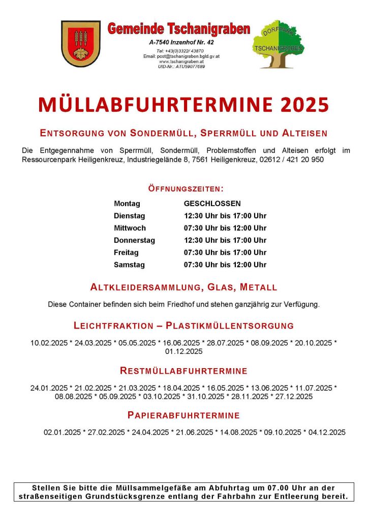 Mehr über den Artikel erfahren Müllabfuhrtermine Tschanigraben 2025